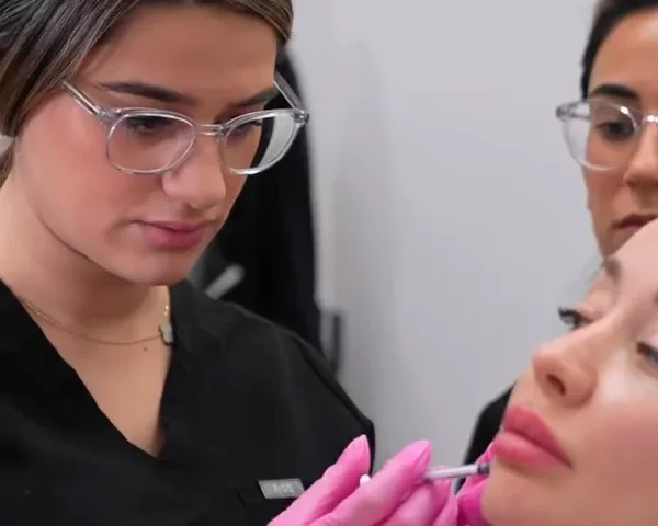 A Contour Aesthetics clinician injecting a patient's lip under supervision